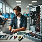 DALL·E 2025-03-14 11.22.20 - An IT support technician working on troubleshooting and repairing a computer. The workspace is equipped with open computer cases, tools, and cables. T
